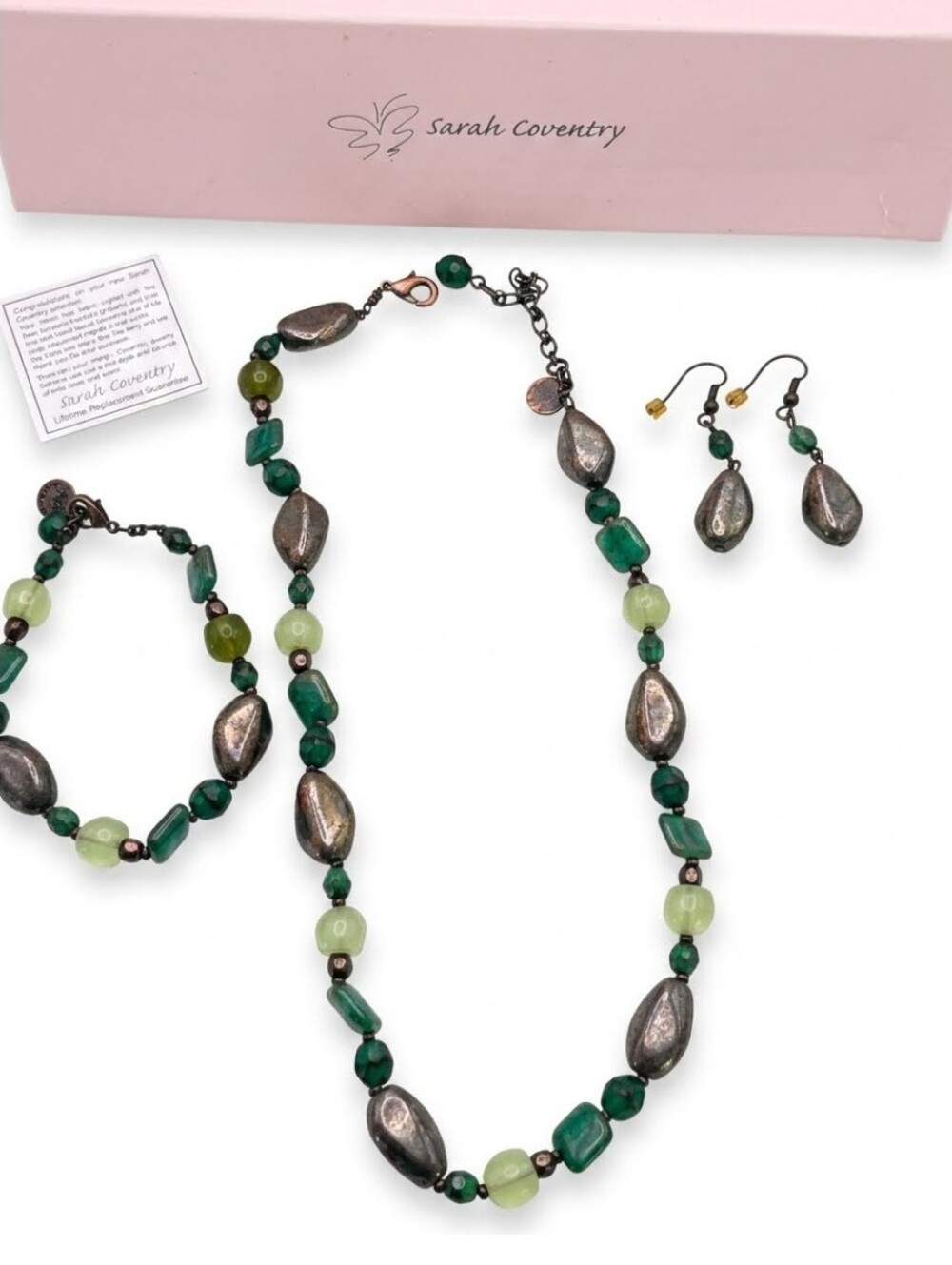 Sarah Coventry Olive Green & Teal Beaded Necklace, Bracelet & Earrings Set
